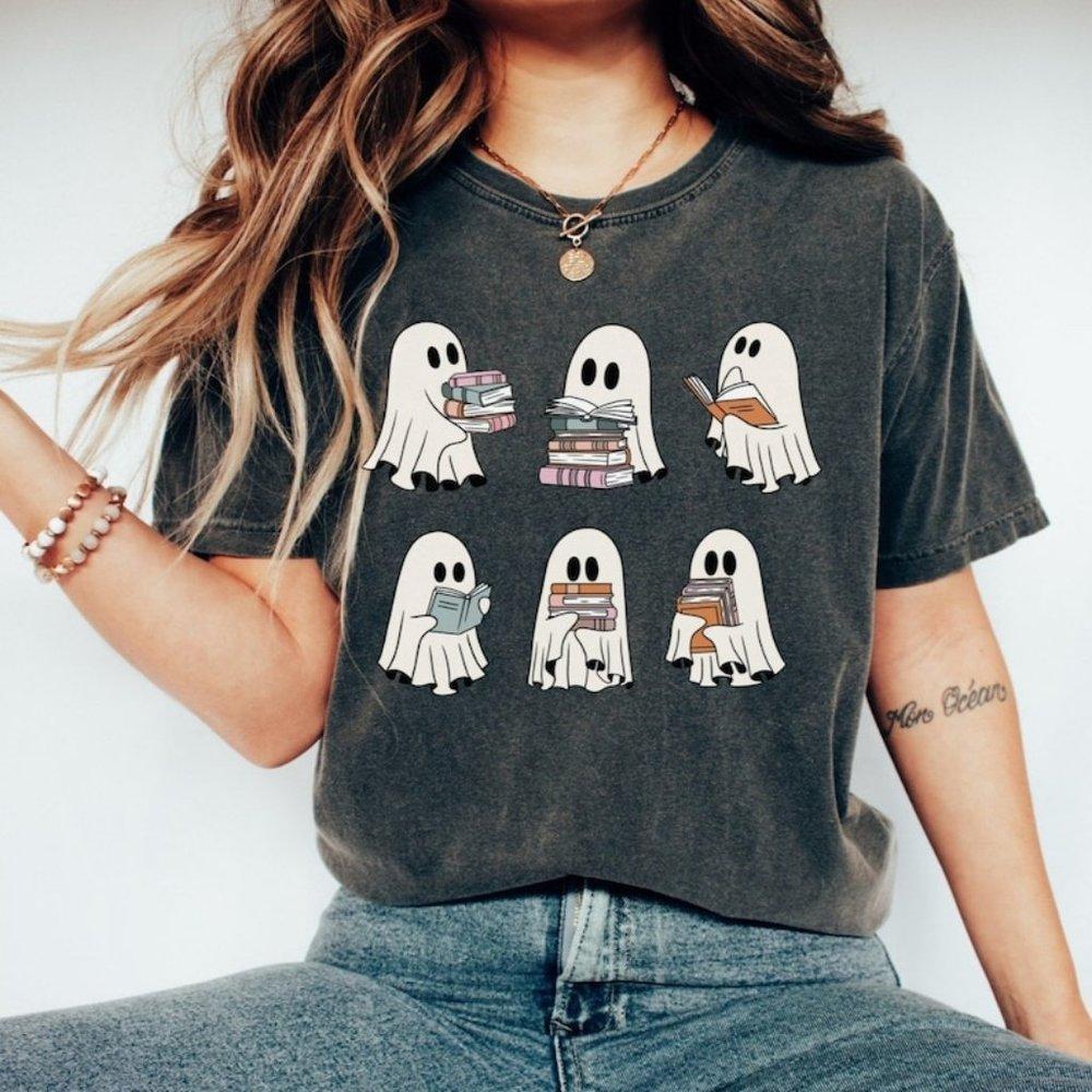 Retro Ghosts Reading Books Teacher Librarian Halloween Gift Spooky Season
